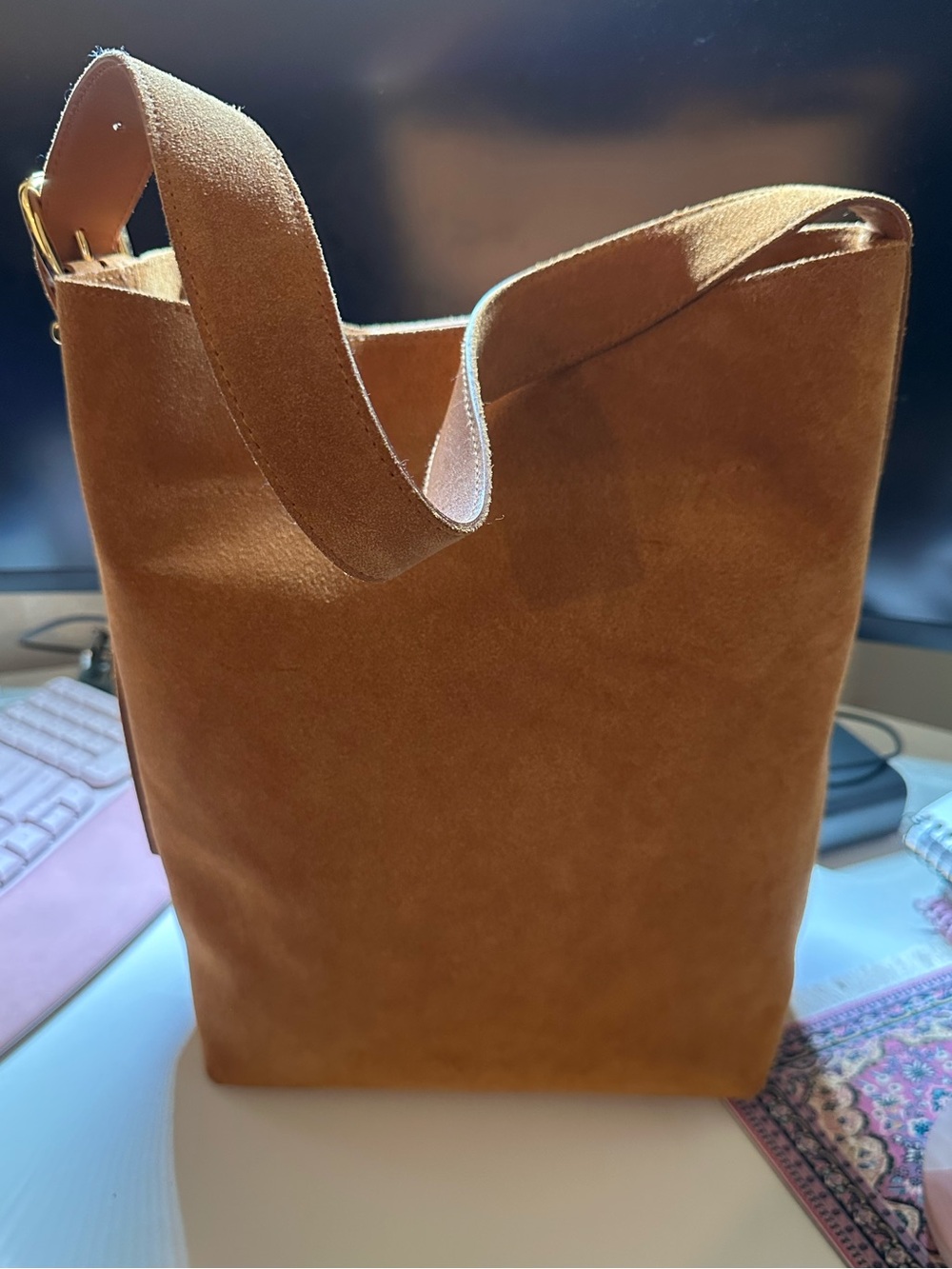 Madewell - Suede Bucket Tote Bag in Cognac Brown